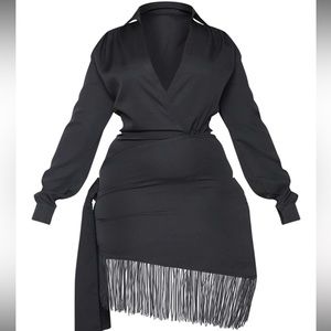 Plus Black Long Sleeve Tassel Hem Drape Detail Bodycon Dress